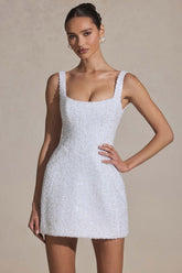 Dominique-Embellished Structured A-Line Mini Dress in White