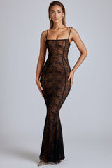 Marietta-Sheer Lace Fishtail Gown in Black