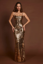 Antea-Embellished Straight-Neck Maxi Dress in Black Gold Foil