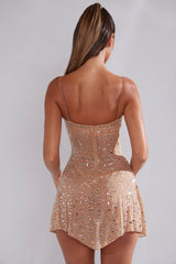 Durrani-Sheer Embellished Scoop Neck Mini Dress in Almond