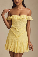 Nahida-Off-Shoulder Lace A-Line Mini Dress in Pastel Yellow