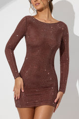Delfina-Embellished High Neck Cowl Back Mini Dress in Espresso