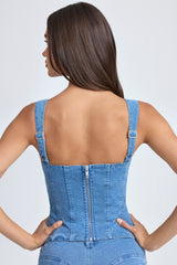 Danna-Lace-Up Corset Top in Mid Blue Stonewash