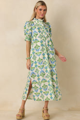Fresh Fields Ivory Multi Cotton Floral Print Ruffle Neck Maxi Dress