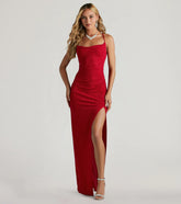 Amirah Formal Glitter Cowl Neck Column Dress-RED