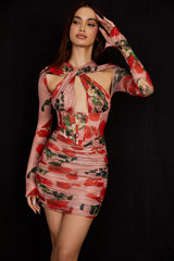Adanna-Rose Print Corset Mini Dress