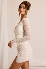 Chelsea-Embellished Wrap Over A-Line Mini Dress in Ivory