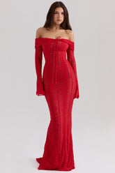 Belle-Red Off Shoulder Floral Lace Maxi Dress
