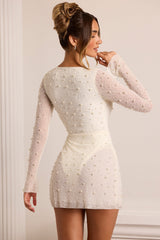 Chelsea-Embellished Wrap Over A-Line Mini Dress in Ivory
