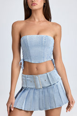 Devora-Belted Pleated Low-Rise Micro Mini Skirt in Light Blue Stonewash