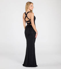 Tatiana Lace-Up Mermaid Glitter Formal Dress-Black