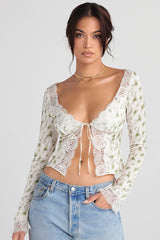 Clarissa-Garden Print Lace Trim Top