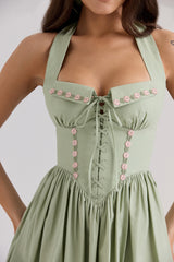 Emilia-Sage Stretch Cotton Halter Neck Midi Dress