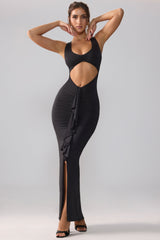Calluna-Slinky Jersey Cut Out Ruffle Racerback Maxi Dress in Black