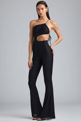 Amara-Petite Metallic Ruched Cut-Out Flared Jumpsuit in Black