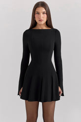 Francesca-Black Stretch Crepe Godet Mini Dress