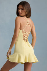 Daria-Drop-Waist Lace-Up Mini Dress in Yellow