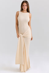 Akaia-Champagne Draped Silky Knit Maxi Dress