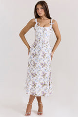 Dionne-Off White Floral Print Cotton Midi Dress