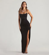 Amirah Formal Glitter Cowl Neck Column Dress-BLACK