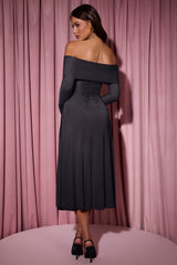 Nerissa-Off-Shoulder Lace-Up A-Line Midaxi Dress in Black