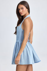 Darcey-Halterneck Corset Micro Mini Dress in Light Blue Stonewash