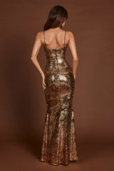 Antea-Embellished Straight-Neck Maxi Dress in Black Gold Foil