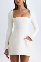 Taesha-Square-Neck Structured Tulip Mini Dress in Vanilla