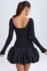 Delphi-Scoop-Neck Drop-Waist Bubble Hem Mini Dress in Black