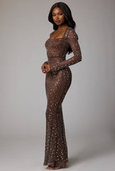 Isabeau-Sheer Embellished Long Sleeve Evening Gown in Deep Cocoa