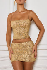 Nilsu-Embellished Mid-Rise Micro Mini Skirt in Gold