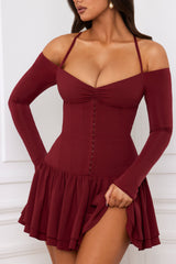 Maren-Off-Shoulder Tiered Corset Mini Dress in Berry Red