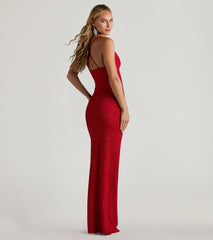 Amirah Formal Glitter Cowl Neck Column Dress-RED
