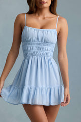 Tessara-Shirred Camisole Mini Dress in Sky Blue