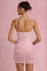 Connie-Semi-Sheer Embellished Draped Corset Mini Dress in Pink
