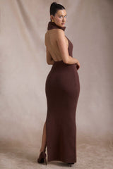 Calissa-Ribbed-Knit Turtleneck Backless Maxi Dress in Espresso