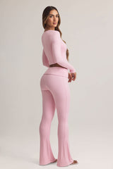 Bebe-Modal Foldover Mid-Rise Flared Trousers in Pastel Pink
