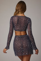 Thalassa-Sheer Embellished V Waist Mini Skirt in Navy