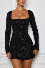 Kiyara-Embellished A-Line Mini Dress in Black