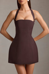 Odessa-Pinstripe Halterneck Structured A-Line Mini Dress in Chocolate Brown