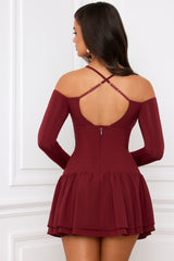 Maren-Off-Shoulder Tiered Corset Mini Dress in Berry Red