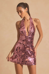 Avenza-Sequin-Embellished Halterneck Mini Dress in Pink