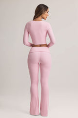 Bebe-Modal Foldover Mid-Rise Flared Trousers in Pastel Pink