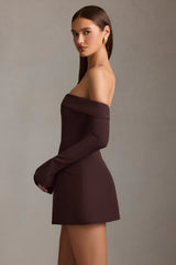 Seraphina-Off-Shoulder Structured A-Line Mini Dress in Chocolate Brown