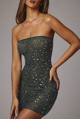 Caprice-Sheer Embellished Bodycon Mini Dress in Emerald
