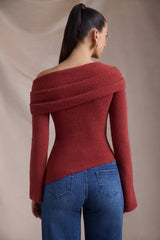 Cecily-Ribbed-Knit Asymmetric Off-Shoulder Jumper in Brick Red