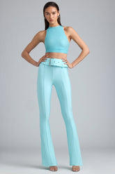 Gia-Tall Metallic Belted Mid-Rise Flared Trousers in Ice Blue