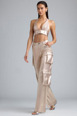 Riley-Metallic Denim Cargo Trousers in Champagne