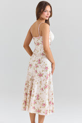Felicity-Ivory Floral Print Satin Bias Cut Midi Dress