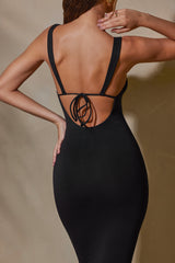 Savannah-Straight Neck Low Back Maxi Dress in Black